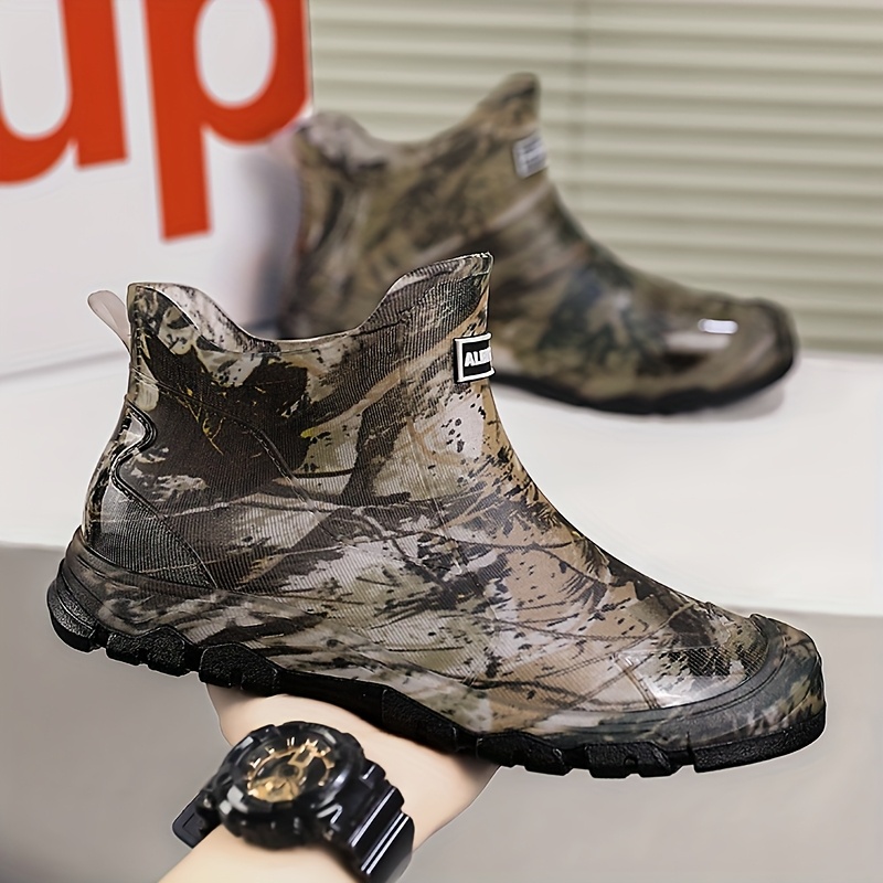 mens camouflage water shoes stylish thickened non slip ankle boots for fishing hiking outdoor activities durable pvc material with eva insole     waterproof rubber boots