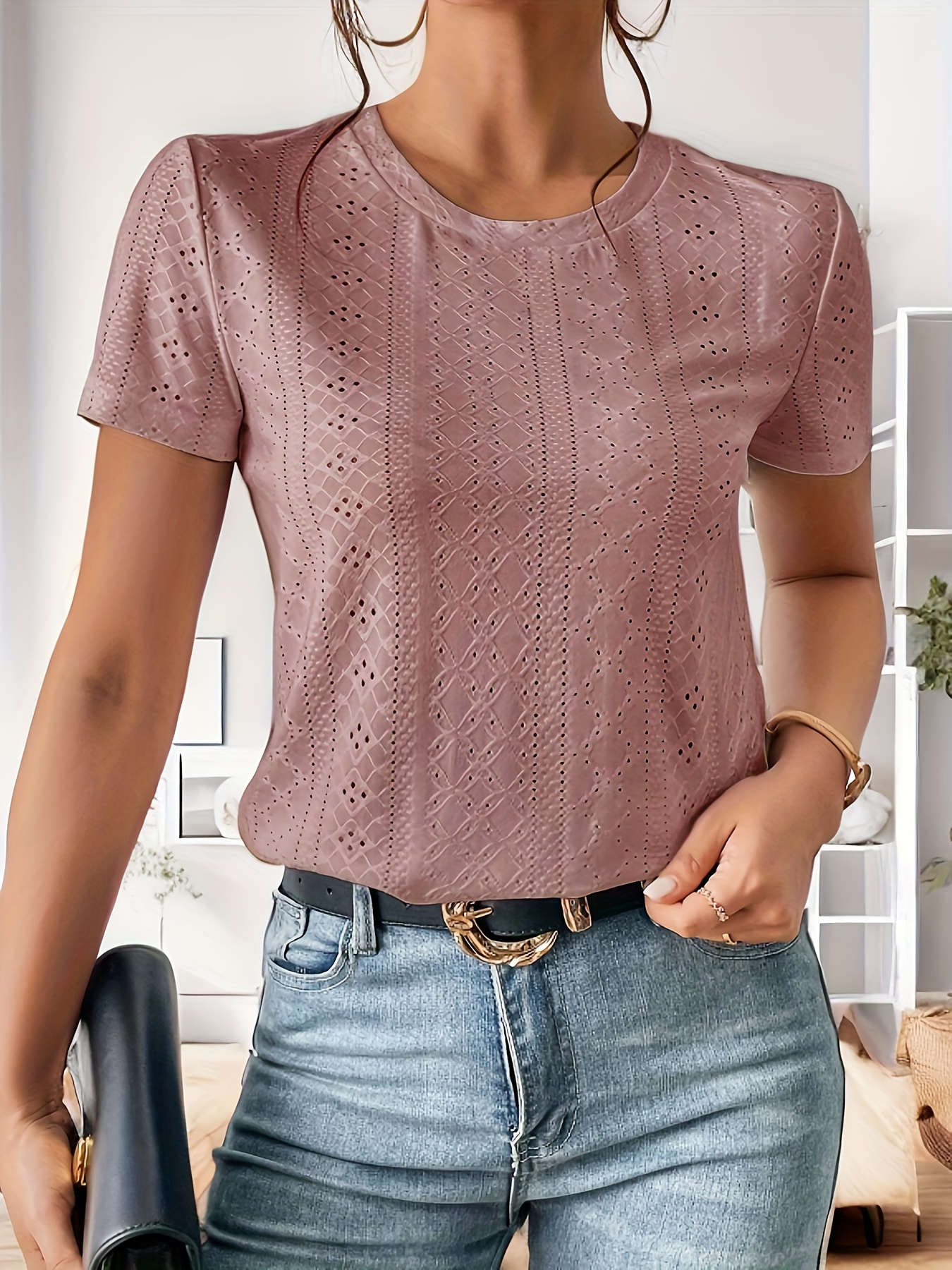 Eyelet Crew Neck T-Shirt, Casual Short Sleeve Top For Spring & Summer, Women's Clothing