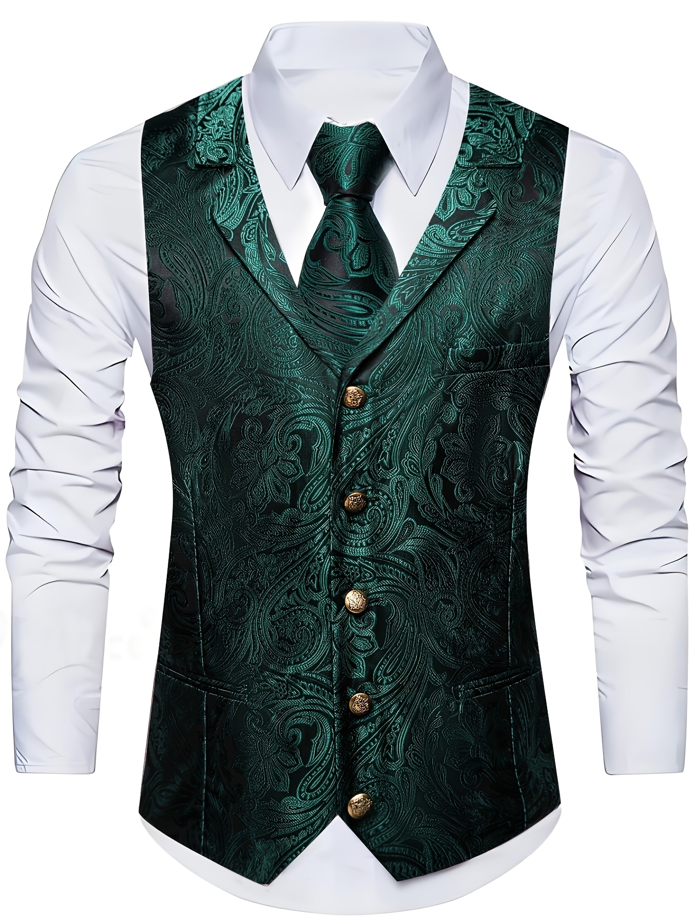 Vyriškas formalus žalias gėlėtas liemenės ir aksesuarų komplektas: kaklaraištis, kišeninės nosinės, rankogalių segtukai vestuvėms/išleistuvėms, smokingo liemenė