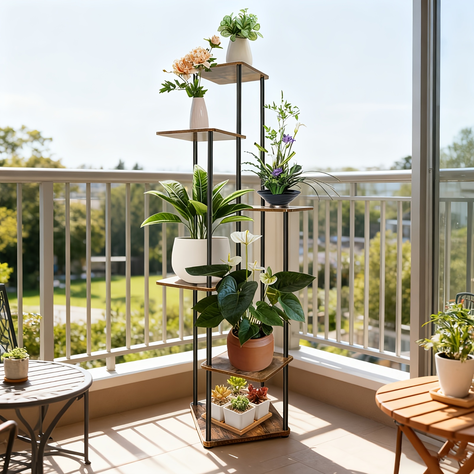 Image of 4/5/6-tier Plant Stand, Wooden Shelves, Metal Corner Flower Shelf Rack For Indoor Outdoor - Multi-level Plant Holder For Garden Furniture, Wedding Decor