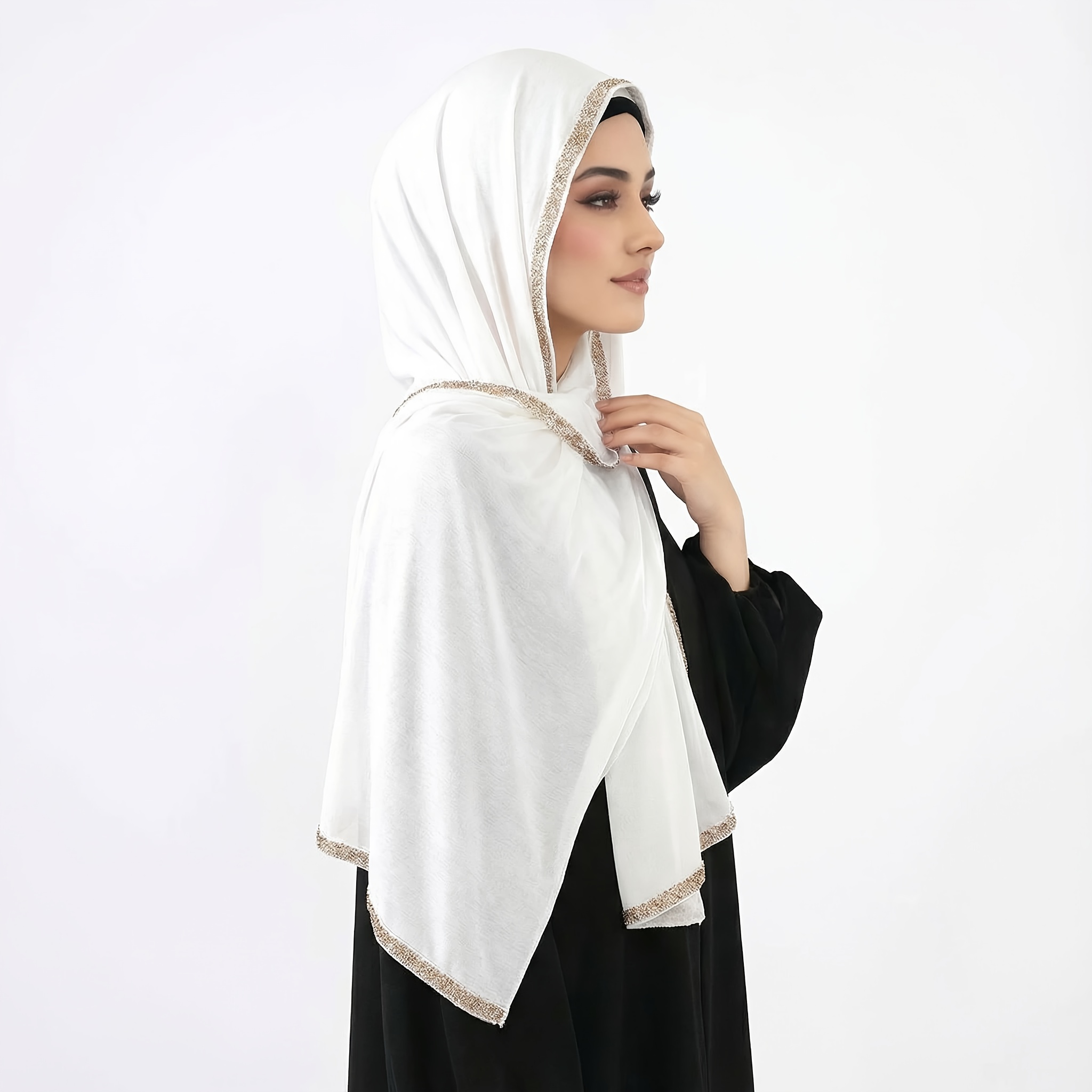 New Rhinestone-embellished Long Scarf, Made of Skin-friendly and Soft Fabric. This Hijab-style Long Scarf Is Suitable for Muslim Women to Wear During and Daily Activities for Prayer. Available in Two Classic Colors: Black and White