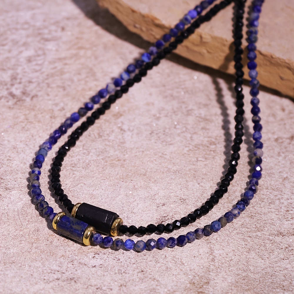 

Handcrafted Lapis & Bead Necklace - Vintage Bohemian Style, Sweater Chain For Casual Attire & Vacation Accessory