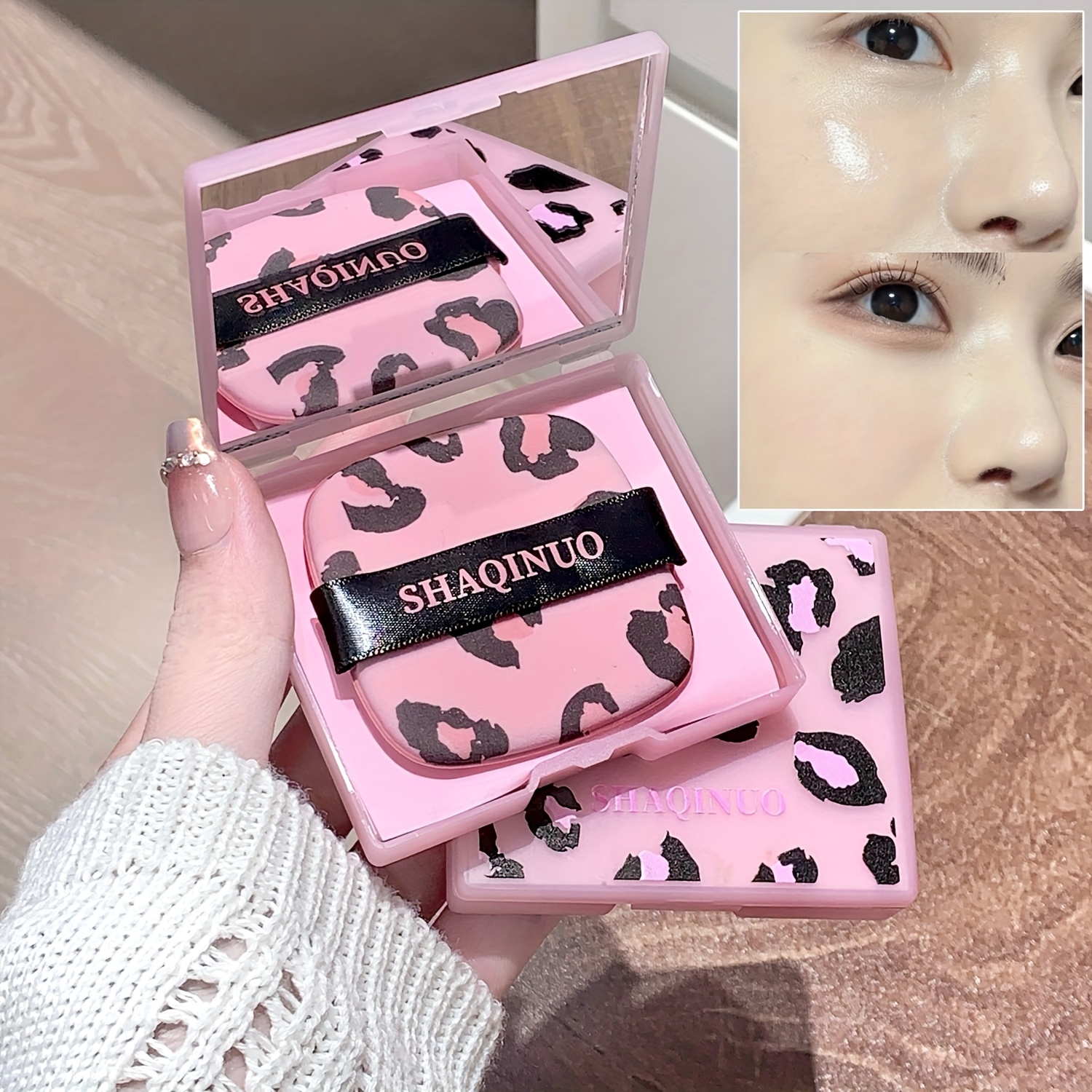 TEMU Leopard -absorbing Blotting Papers, Long-lasting Makeup Touch-up Without Smudging, With A Built-in Puff And Mirror Case For Easy Portability.