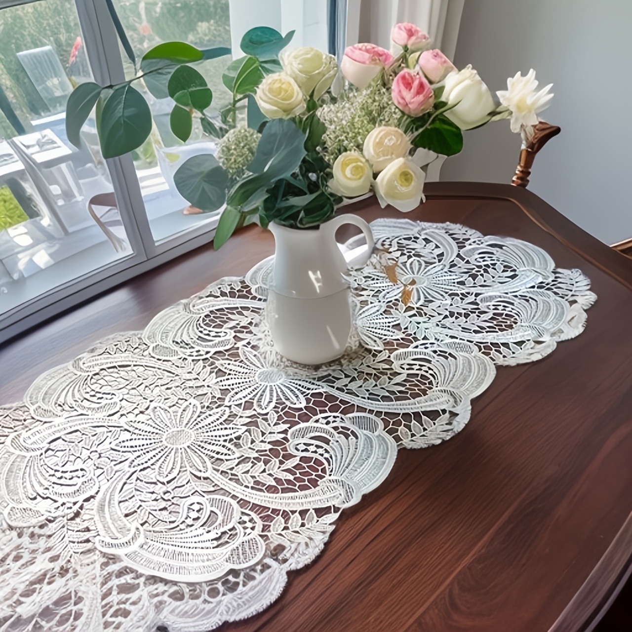Image of European- Lace Embroidered Oval Table Mat Table Runner Fabric Dining Table Mat Coaster Ins Wind Coffee Table Mat Household Decorative Mat Tablecloth Cover Cloth
