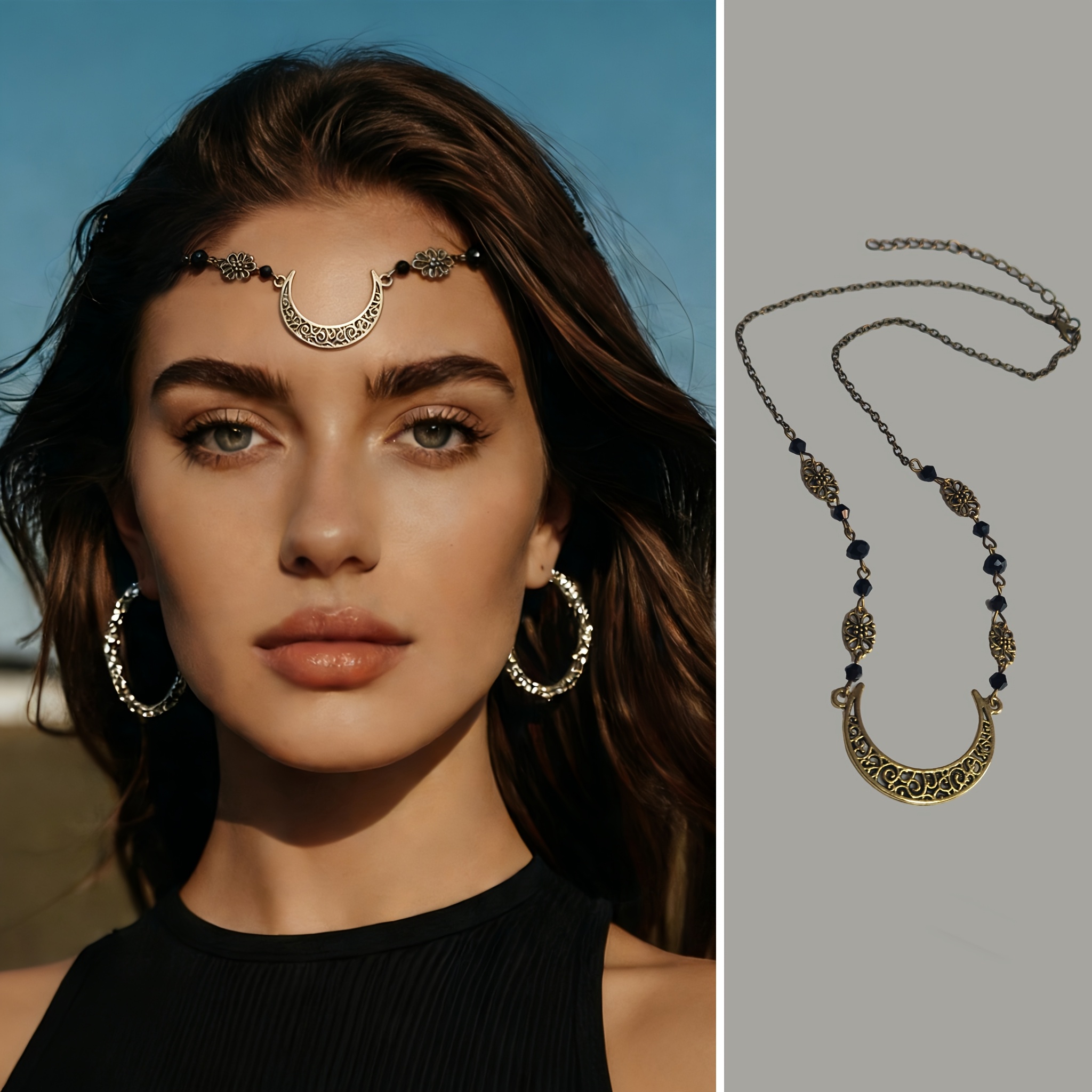 1pc Ramadan Hollow-out Pattern Forehead Pendant Head Chain Accessory, Bohemian Style Headwear