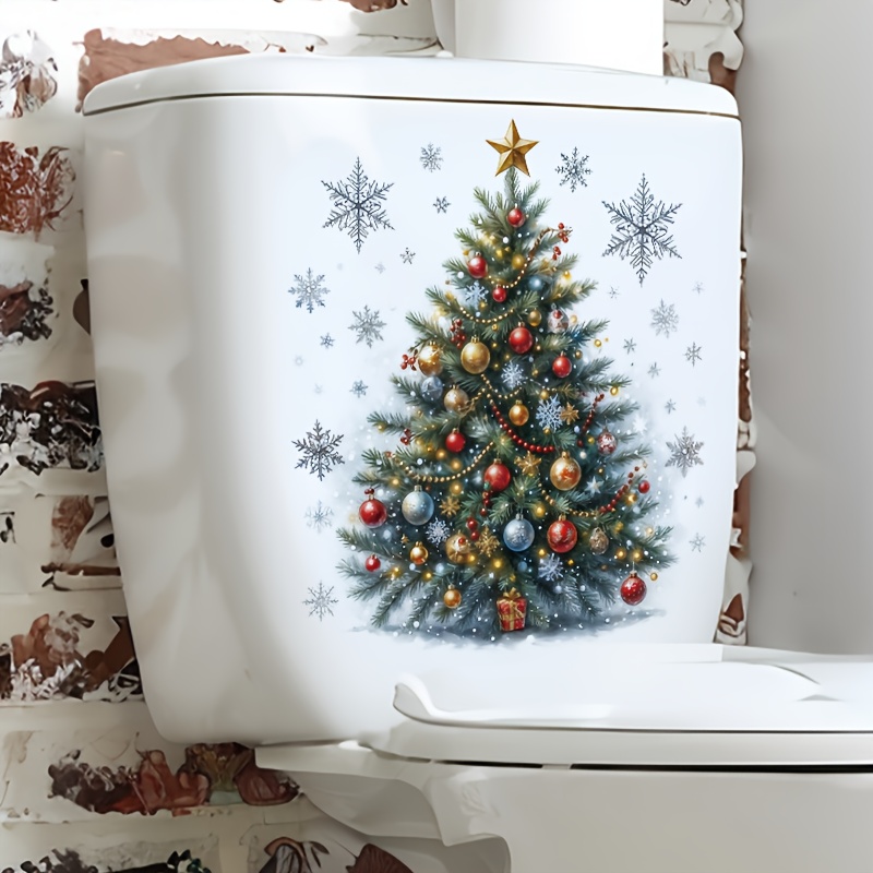 TEMU 1pc Of Christmas Decoration - Watercolor Christmas Tree Snowflake Toilet Sticker, Fridge Made Of Pvc Material, Self-adhesive Wall Stickers For