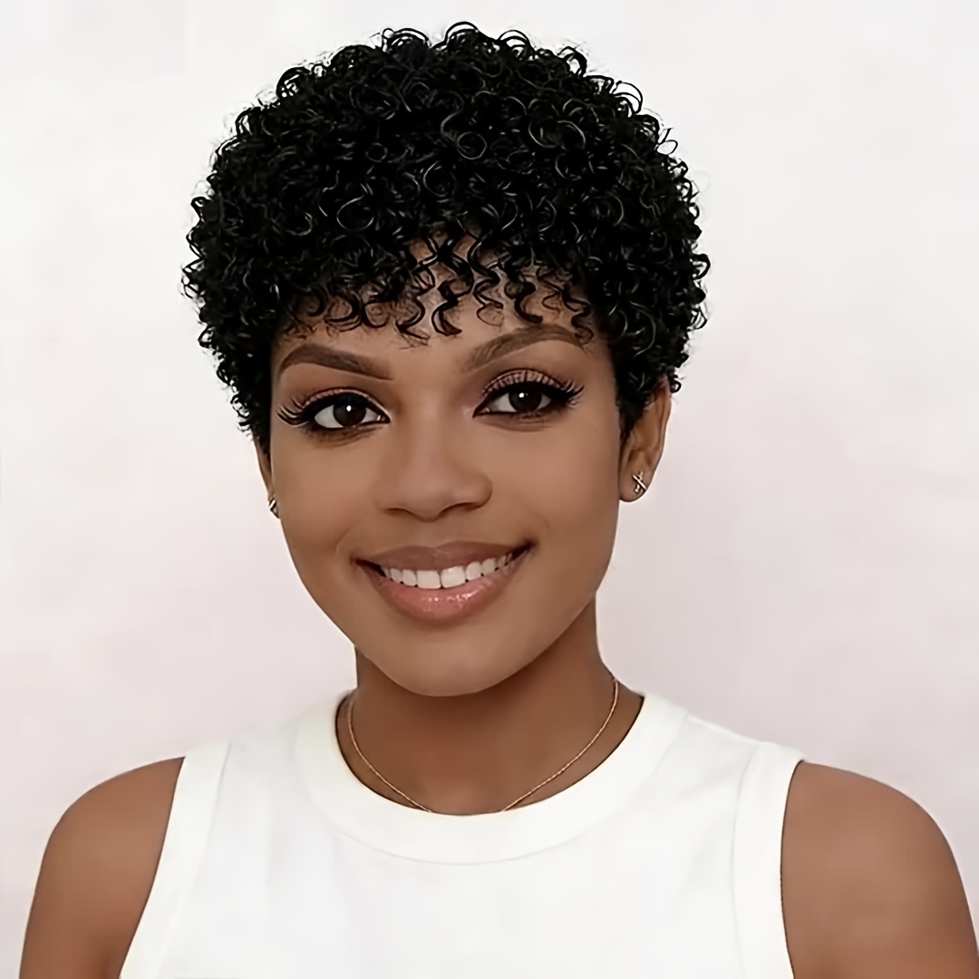 Image of Women's Brazilian Human Hair Wig - 200% Density Afro Cut With Bangs | Short Curly Hair Suitable For Daily Wear, Cosplay, Parties & Music Festivals | Machine-made Wig For & Hair Types
