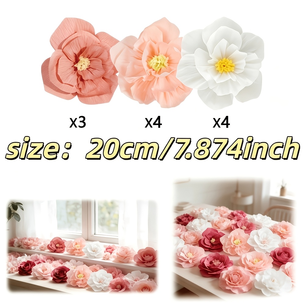 TEMU 11pcs Set Of Large High-end Artificial Paper Flowers, Of Peach, For Lotus Root, And White Crinkle Paper Flowers, A Beautiful New Wedding