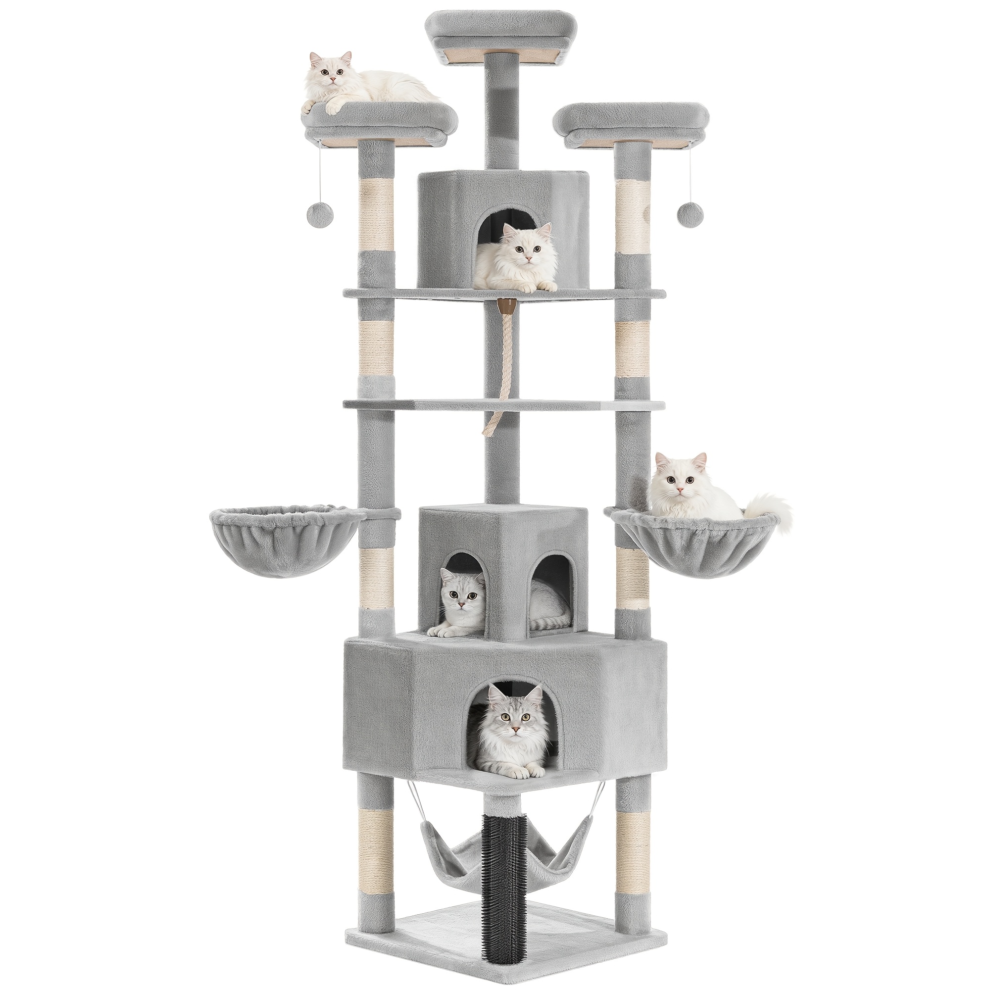 Cat Tree, 220cm Cat Tree With 3 Cat Houses, 3 Platforms, 3 Hammocks, 8 Sisal Posts, 1 And 1 Sisal Rope