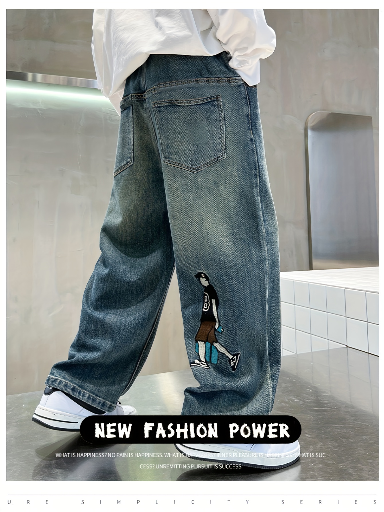 Boys' Loose Fit Straight-Leg Jeans with Anime Basketball Player Embroidery  Casual Denim Pants, White Sneakers Included, Boy Jeans Jeans Jeans