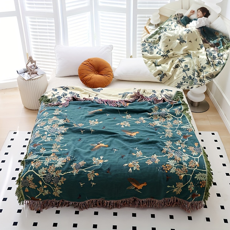 

Luxury Reversible Cotton Throw Blanket With Tassels - Soft, Breathable Multi-layer Gauze, Perfect For Summer Air Conditioning Comfort, Machine Washable, Floral & Animal Design