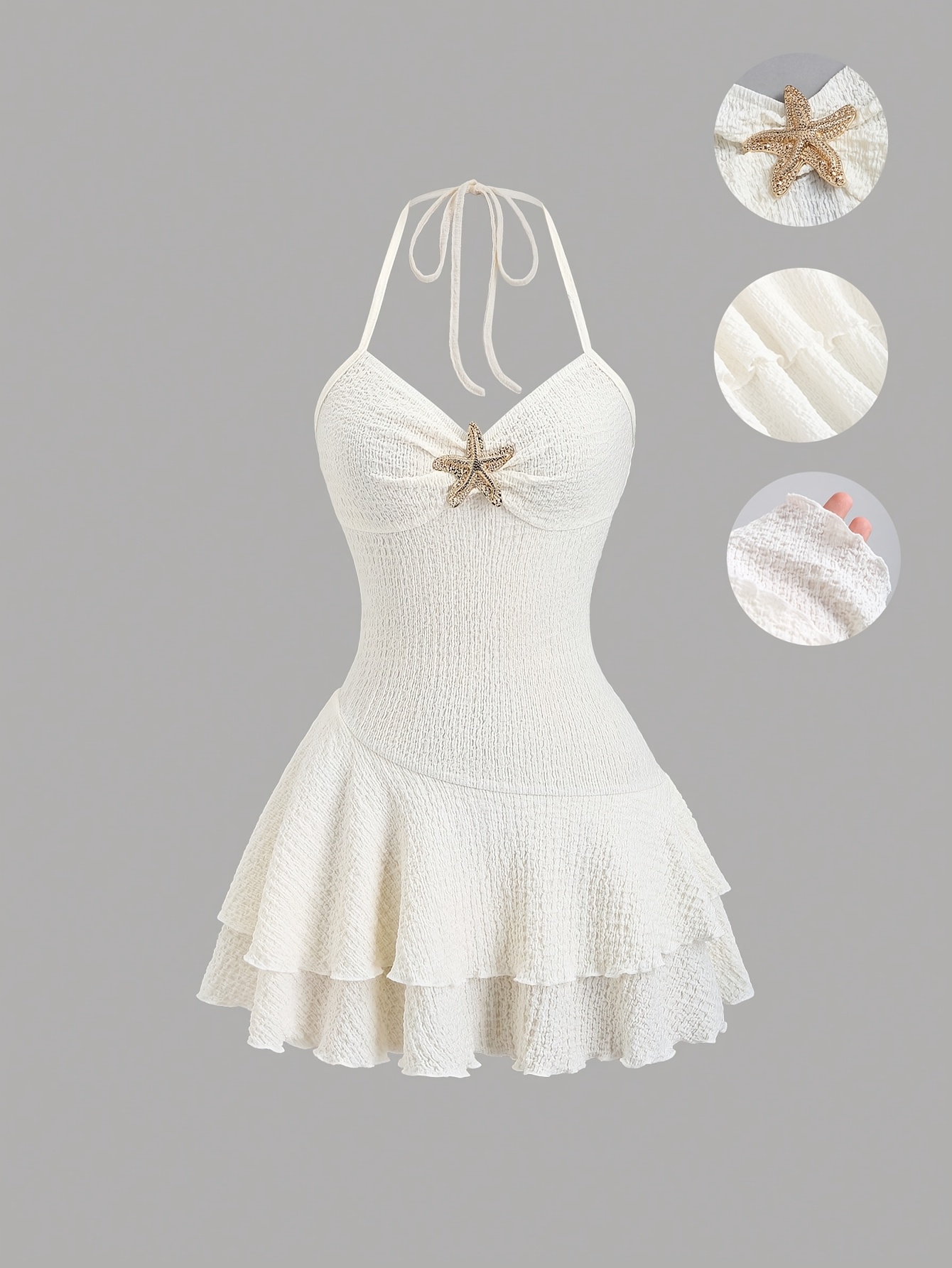a seaside french style gentle dress featuring a cream white tie neck with   decorations textured pleated waist and a cake skirt design   a pure and elegant vacation look