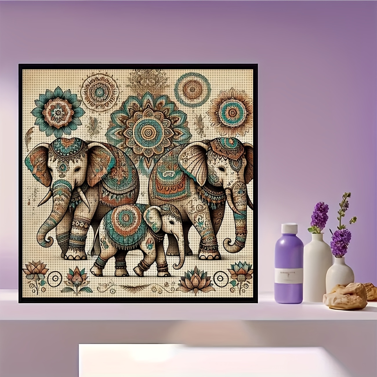 Printed DIY Cross Stitch Kit, Frameless, Gorgeous Decorated Three Elephants