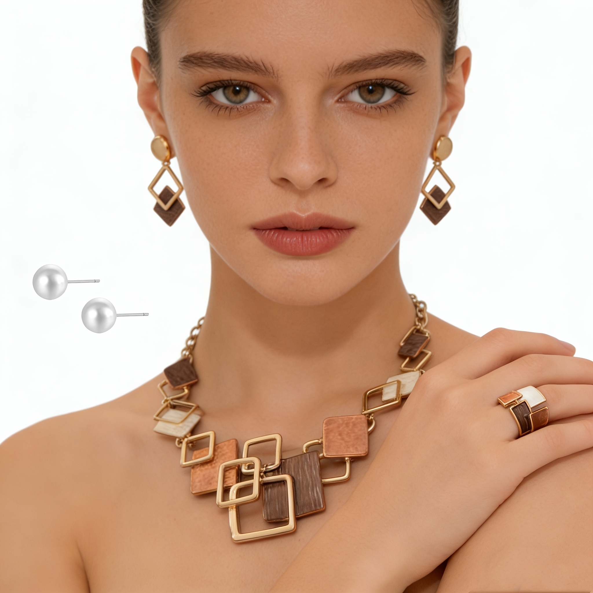 TEMU Cringcoco Necklace Earrings Studs Ring Women's Jewelry Set, Square Hollow Out Retro Fashion Khaki Bohemian Style Wedding Design Jewelry, Daily