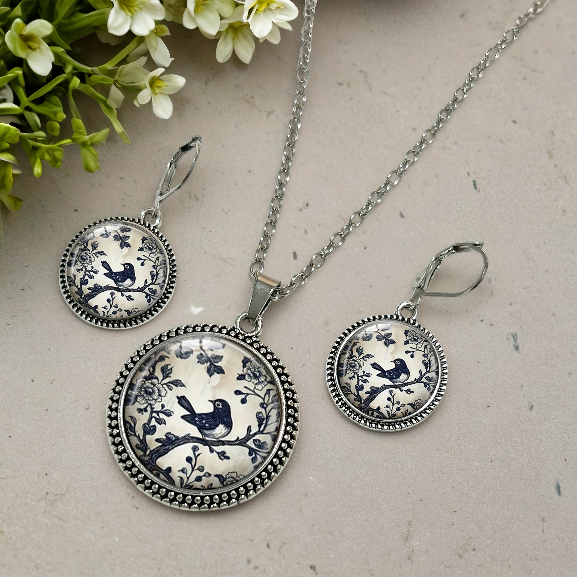 3pc Vintage Bird & Floral Necklace & Earrings Set
