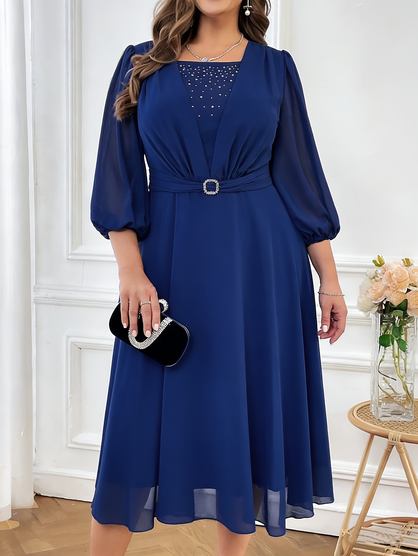 Plus Size, Women's Plus Size Tummy Control * Chiffon Dress with Lantern  Sleeves & Cincher - Navy * Evening Gown Suitable for Weddings * Parties