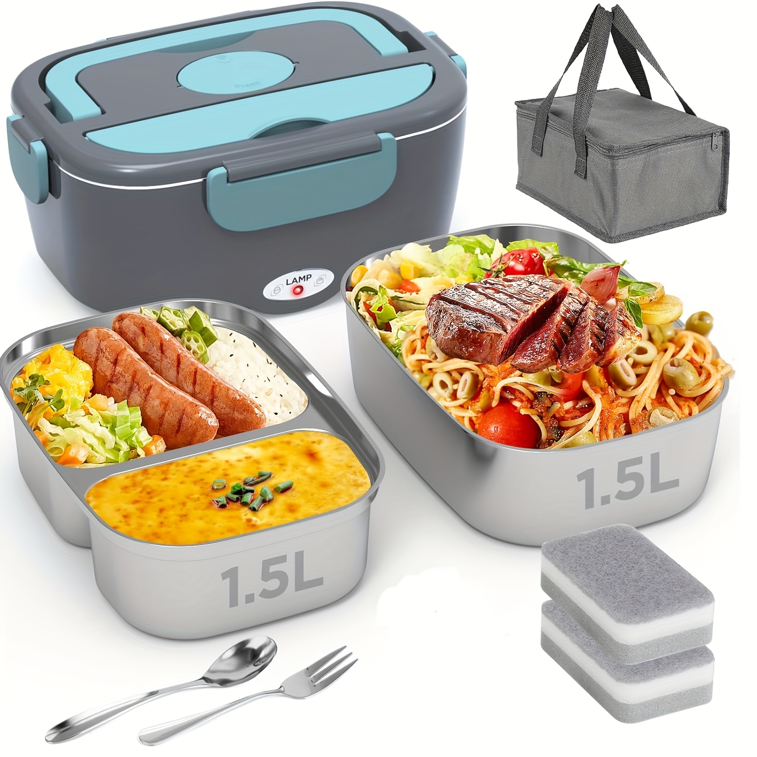 TEMU 1pc Stainless Steel Electric Lunch Box Warmer With 1.5l Removable Container, , Usb Rechargeable, Microwave & Oven Safe, Anti-rust, Holiday Themed Food Heater For Work/car/truck