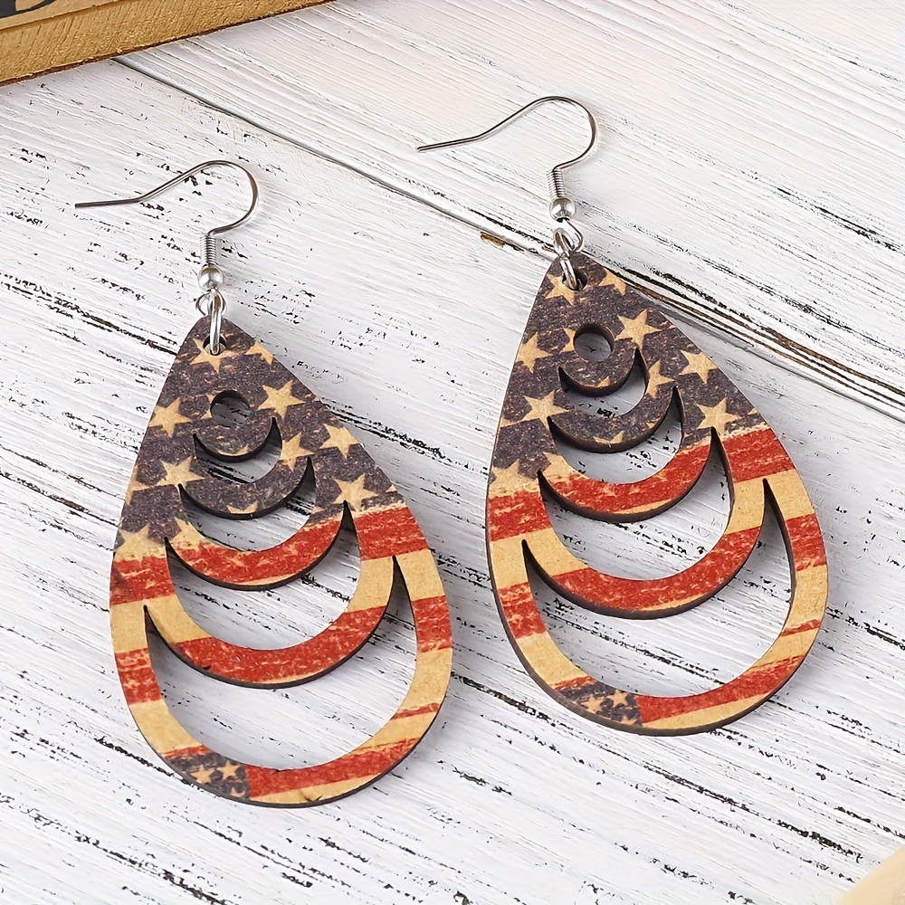 

Vintage Hollow Teardrop Earrings - Wooden, Dangle & Minimalist - American Independence Day Gift For Her - Trendy Accessory