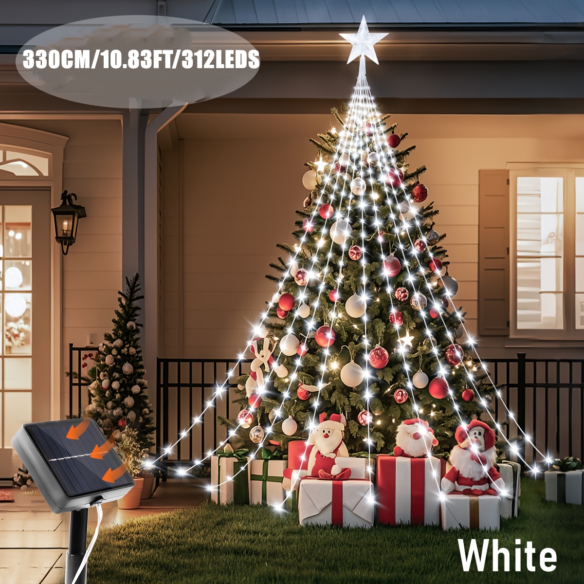 TEMU 1pc 220cm/330cm 212/312 Led Solar Christmas Light, Five-pointed Star Waterfall Light, Outdoor Christmas Lights, 8 Outdoor String Light, Used For