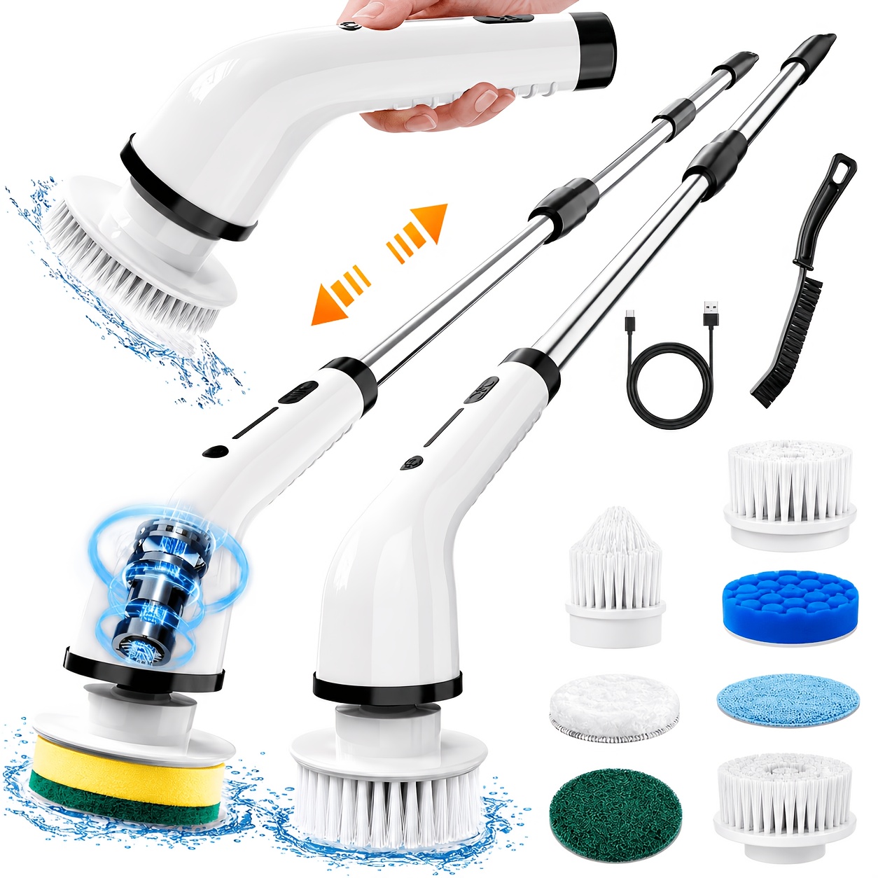 TEMU 2026 Upgraded Electric Spin Scrubber, Dual- Brush With Detachable Extendable Handle, 8 Replaceable Brush Heads And Crevice Brush For Bathroom,