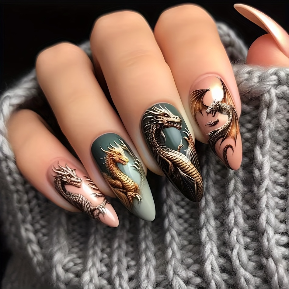 Image of New Chinese , 24pcs Western Fantasy Dragon Almond False Nails, European Fantasy Dragon Atmosphere, And Elegant Wearing Nails, Versatile Fashion And Casual Temperament, Essential Nail Art For Travel