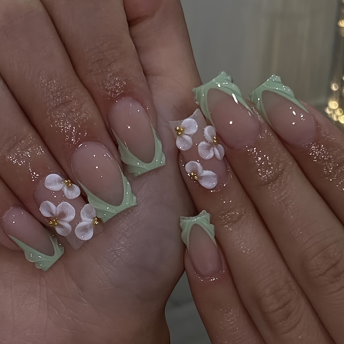 TEMU 24pcs Medium Water Ripple Edge Press-on Artificial Nails With Design And Bead Accents, Full Coverage. Suitable For Women', Party, And Prom Nail Art Decoration