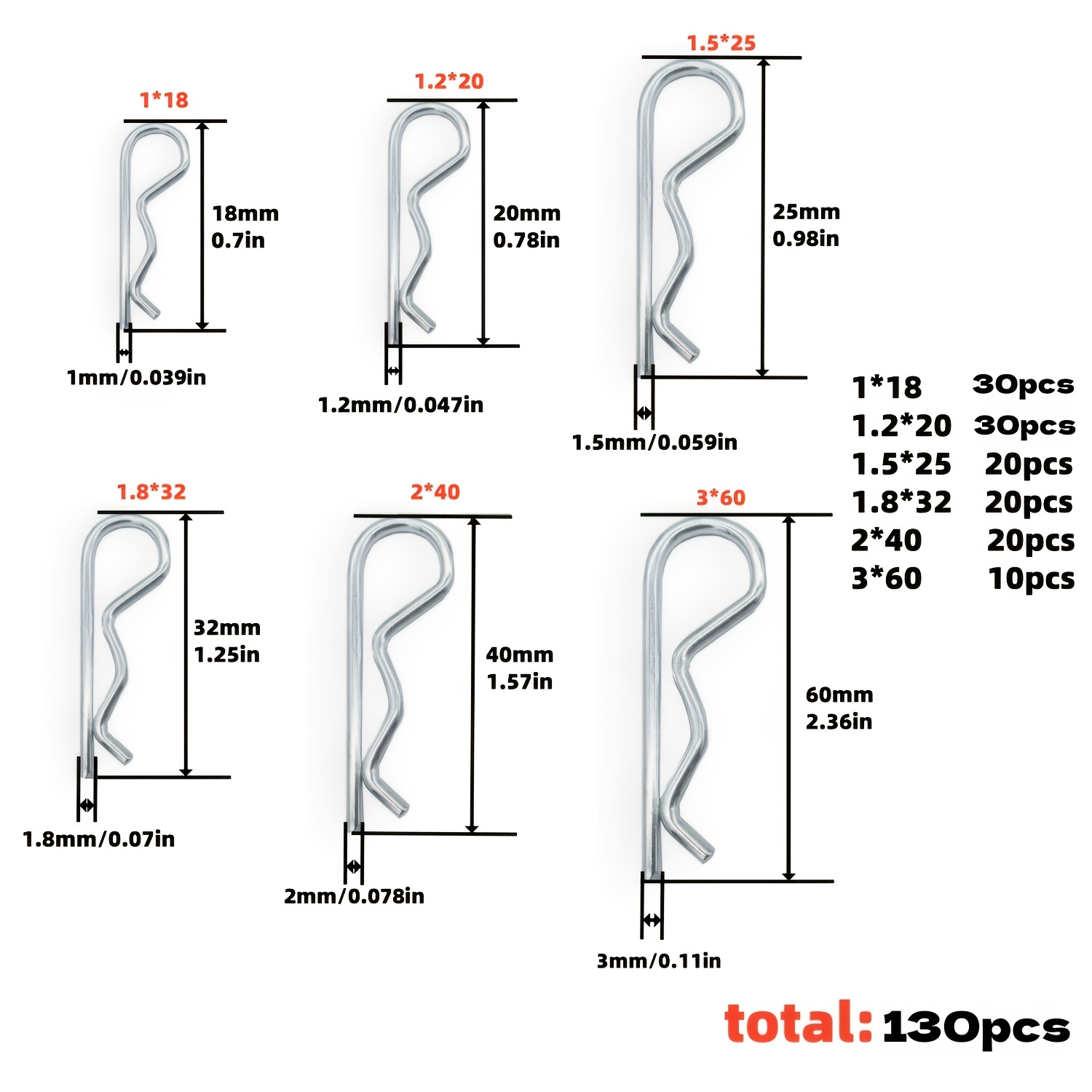 Image of Set Of 130 Cotter Pins, Assorted Heavy-duty , In 6 Sizes, Suitable For Securing Trailers, Lawn Mowers, Trucks, And More