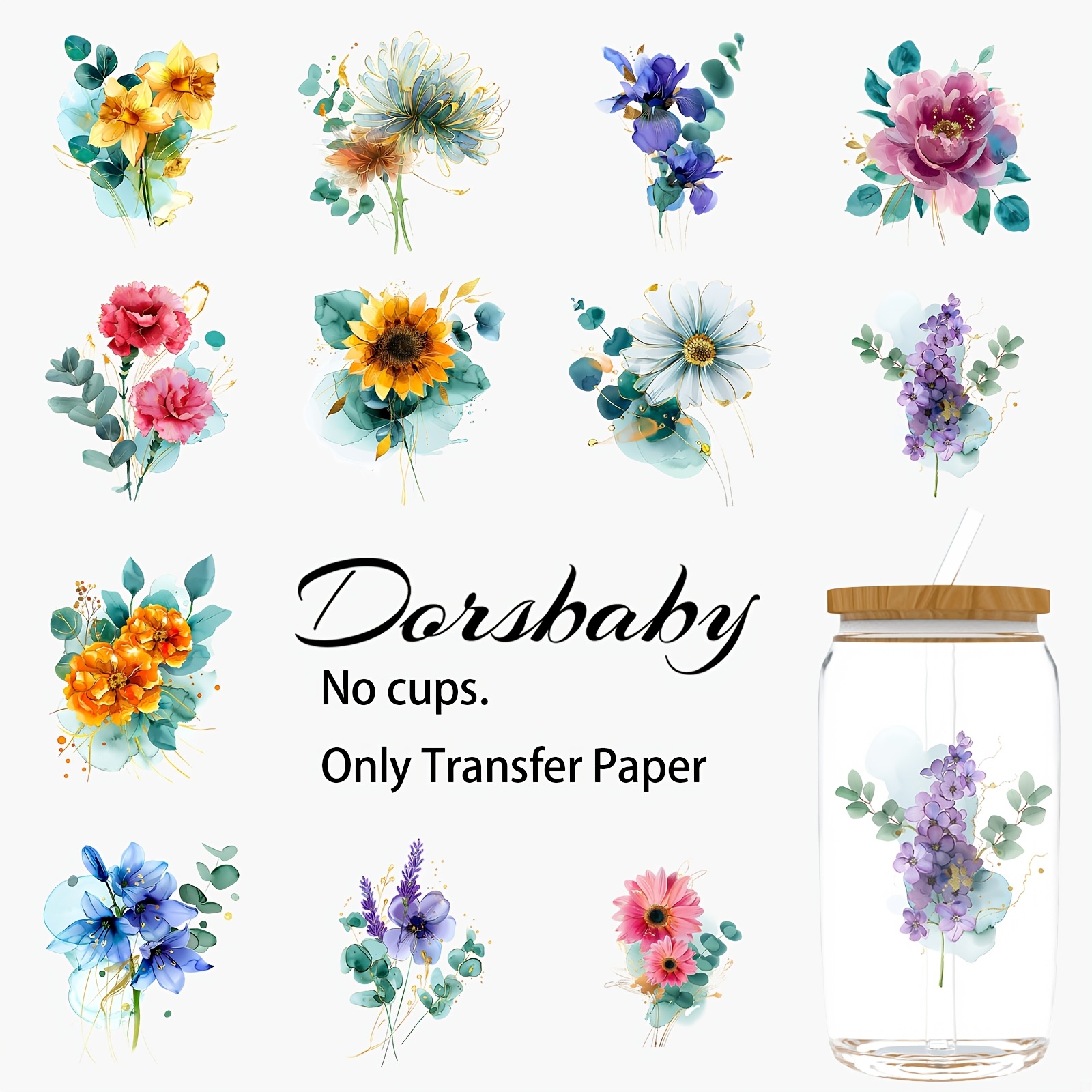 pacote de 12 transferências uv dtf   de flores em tinta de álcool   para superfícies metálicas e plásticas, transferências para artesanato em   e  , envoltórios estéticos para   de vidro de 16oz