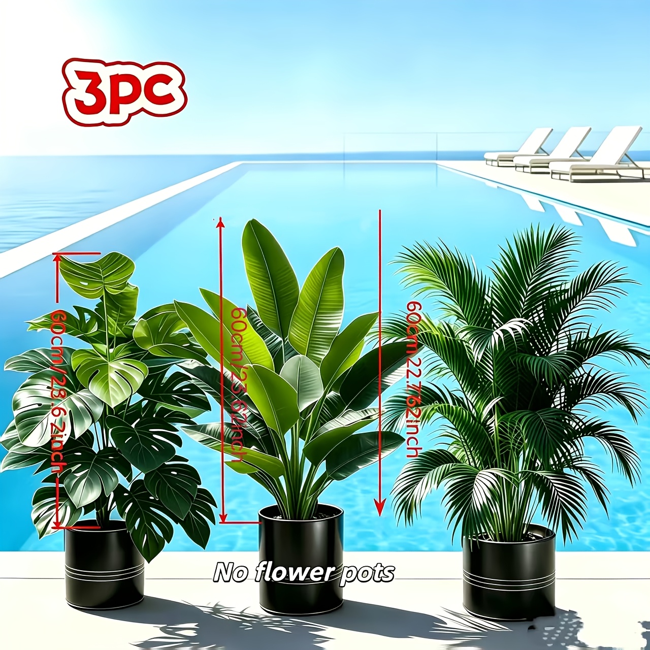 TEMU 3pcs Large Premium Elegant Artificial Palm Trees Faux Greenery - Realistic Tropical Style Simulation, Low-maintenance Evergreen Artificial Plant