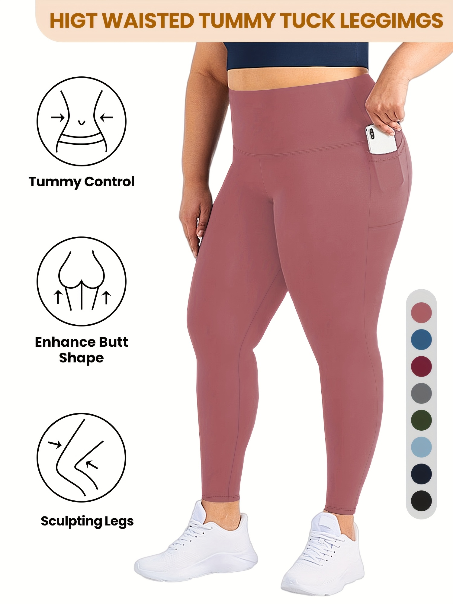 Plus Size - Women'S High-Waist 9/3 Length Leggings with Side Pockets - Stretchy, Solid Color, Casual Leggings for Daily Wear, Leggings | Highwaist Leggings | Comfortable Fit