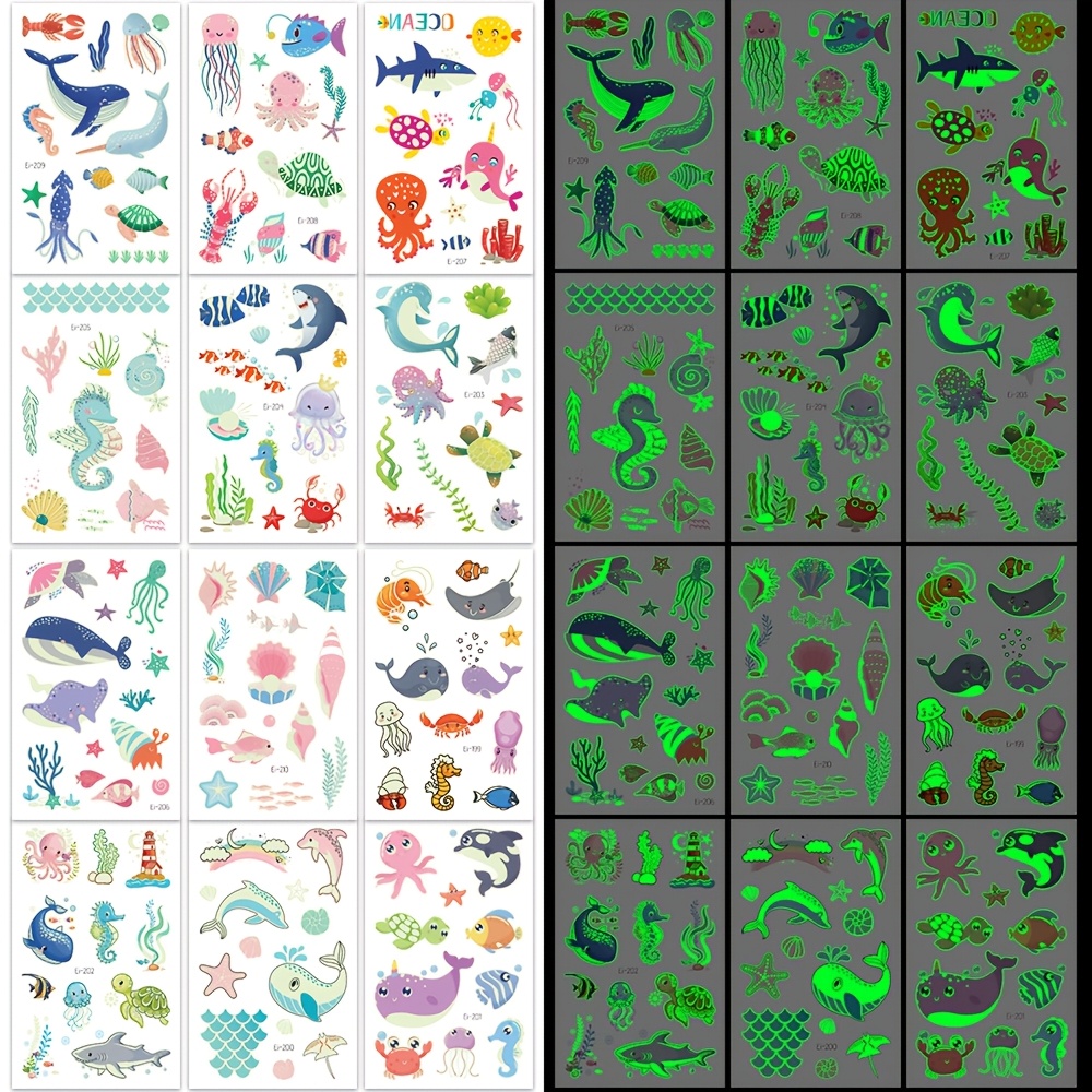 TEMU 12 feuilles de tatouages temporaires d'animaux de l'océan, imperméables et phosphorescents, motif de tatouage artificiel de sirène de dessin ,