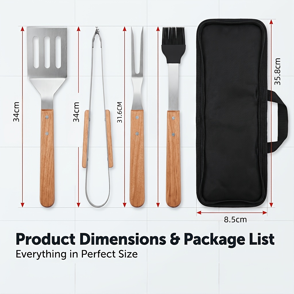 TEMU 4 Pack Bbq Grill Tool Set, Stainless Steel Barbecue Accessories With Wooden Handle, Spatula Tongs Fork Basting Brush, Portable Storage Bag Grill
