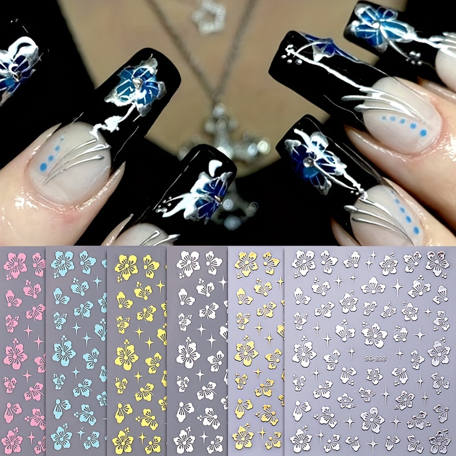

6pcs Hibiscus Flower Nail Art Stickers - 3d Self-adhesive Decals In Metallic And Pastel Shades - Sparkling Sakura Manicure Embellishments