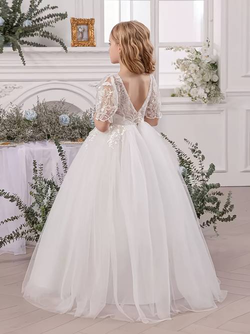 girls princess girl elegant white dress piano performance outfit birthday party tulle skirt long style