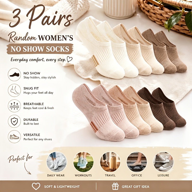 TEMU Lot de 3 paires de chaussettes invisibles pour femme, chaussettes de sport à coupe basse et à coussinets, chaussettes de course respirantes et