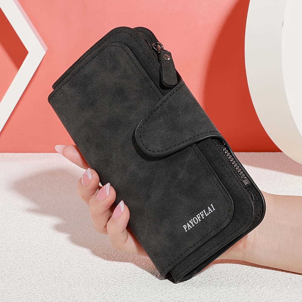 TEMU larga de mujer vintage mate de estilo europeo y americano, tipo tríptico con múltiples ranuras para tarjetas de crédito, de con cremallera y