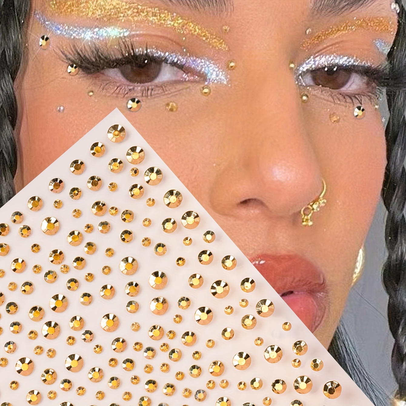 TEMU Y2k Golden 3d Rhinestones, Glittering Fake Diamonds For Women, 3d Facial Decor, Nail Art, Festive Diy, Music Festival, Makeup, Body Decoration