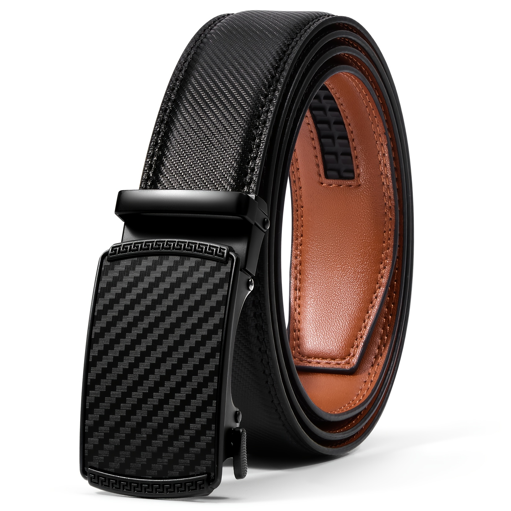 TEMU Men's Genuine Leather Ratchet Belt 35mm - Automatic , Adjustable No-hole Design, Gift Box Included For Casual & Business