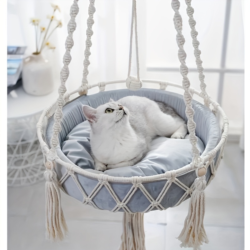 

Boho-chic Woven Cotton Cat Swing Bed - Cozy Hanging Pet Hammock For Cats, Includes Removable Cushion
