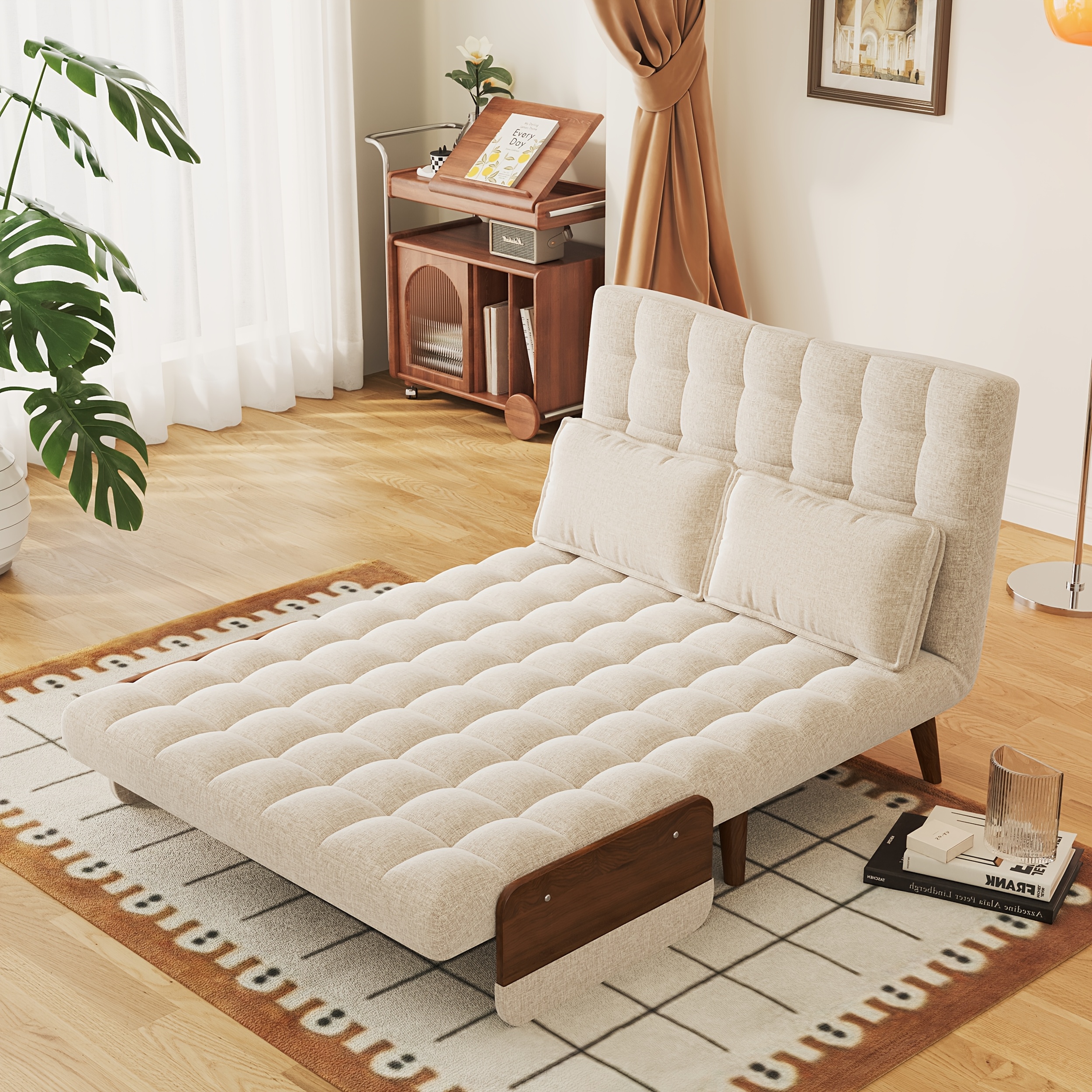 1 Modern Cotton And Linen Convertible Sofa Bed with 5 Adjustable Backs, Adjustable Height Pillows - Living Room Recliner, Single Or Double Use, Living Room Furniture Sofa | Neutral Home Decor | Wood Frame Sofa (Beige/Coffee)