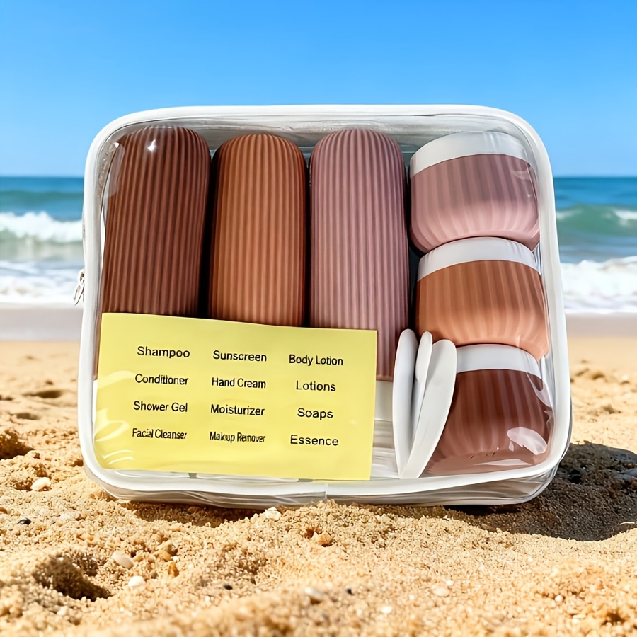 TEMU Set de 11 pièces d'articles de voyage, ensemble de contenants de toilette de voyage approuvés par la TSA, 3 flacons rechargeables en silicone