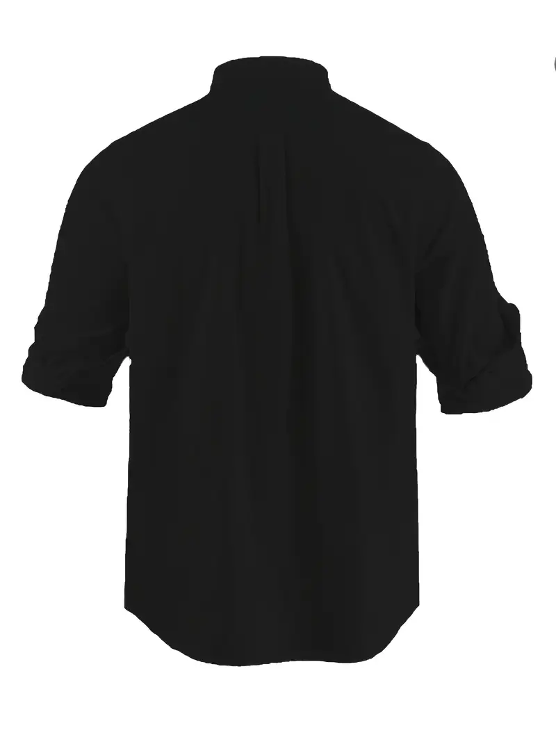 ανδρικό καθημερινό βαμβακερό λινό πουκάμισο με μακριά μανίκια - καλοκαιρινό μονόχρωμο με στάμπα γιακάς, διαπνέον & ελαφρύ, διαθέσιμο σε μεγάλα μεγέθη, μαύρο λεπτομέρειες 8