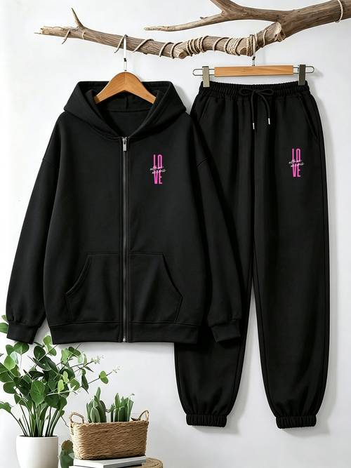 item picture 2pcs set vertical text pattern easy loose hooded zipper sweatshirt suit suitable for casual wear
