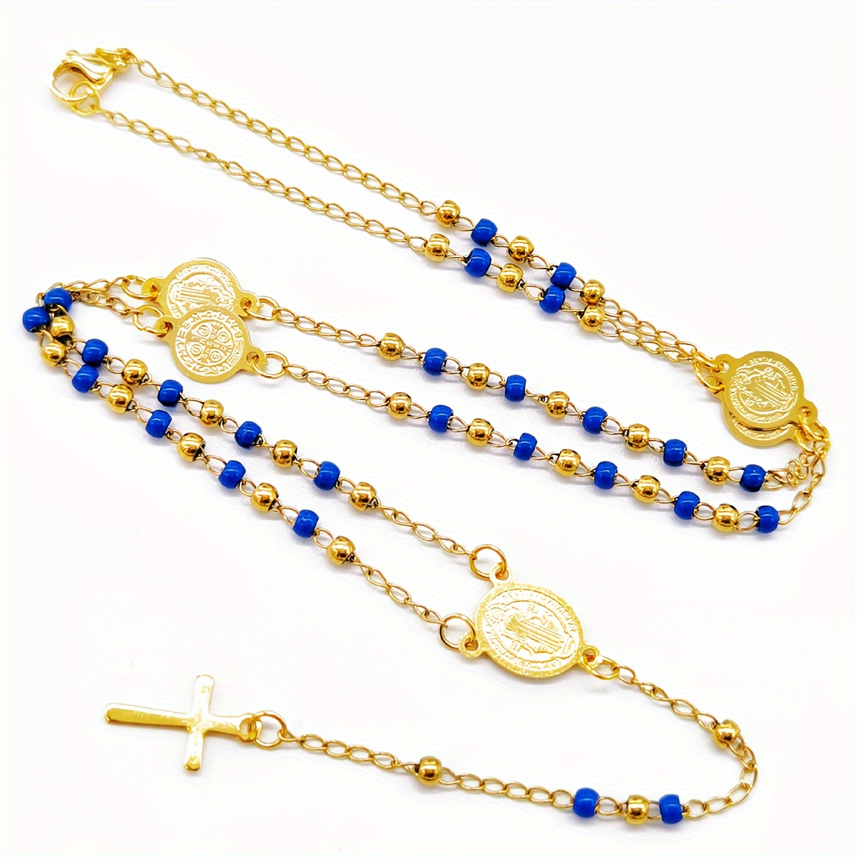 Elegant 18K Golden Plated Stainless Steel Beaded Necklace with Religious Symbols, October Birthstone, Fashionable Clavicle Chain, No Power Required, Perfect for Daily Wear and Gift Giving, All-Season Accessory