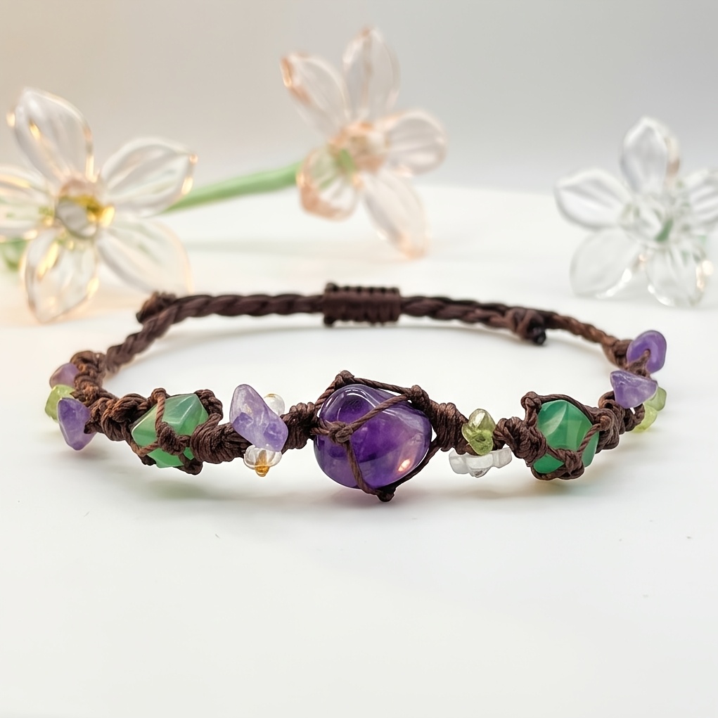 TEMU Handmade Vintage Braided Rope Natural Amethyst And Green Agate Main Stone, With Natural Crushed Stone Accents, A Work Of Style Niche , Exuding A