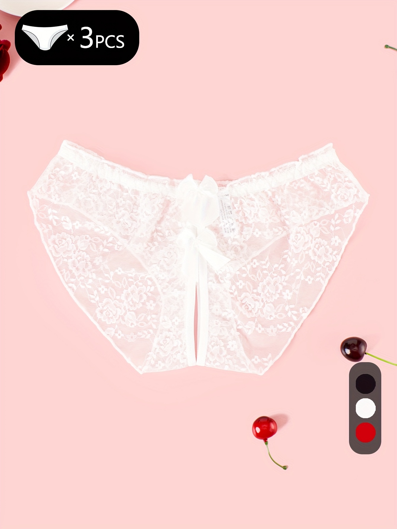 3pcs Bow Floral Lace Briefs, Sexy Low * Open Crotch Panties, Women's Sexy  Lingerie & Underwear