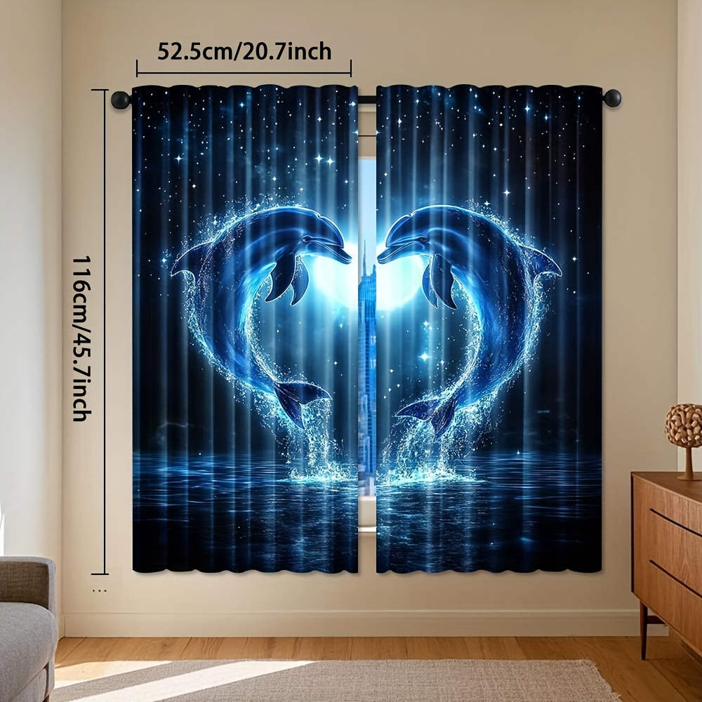 TEMU 2pcs, Polyester Dolphin Heart Moonlight Curtains, Featuring A Semi Contemporary Design And Machine Washable Fabric, Rooms