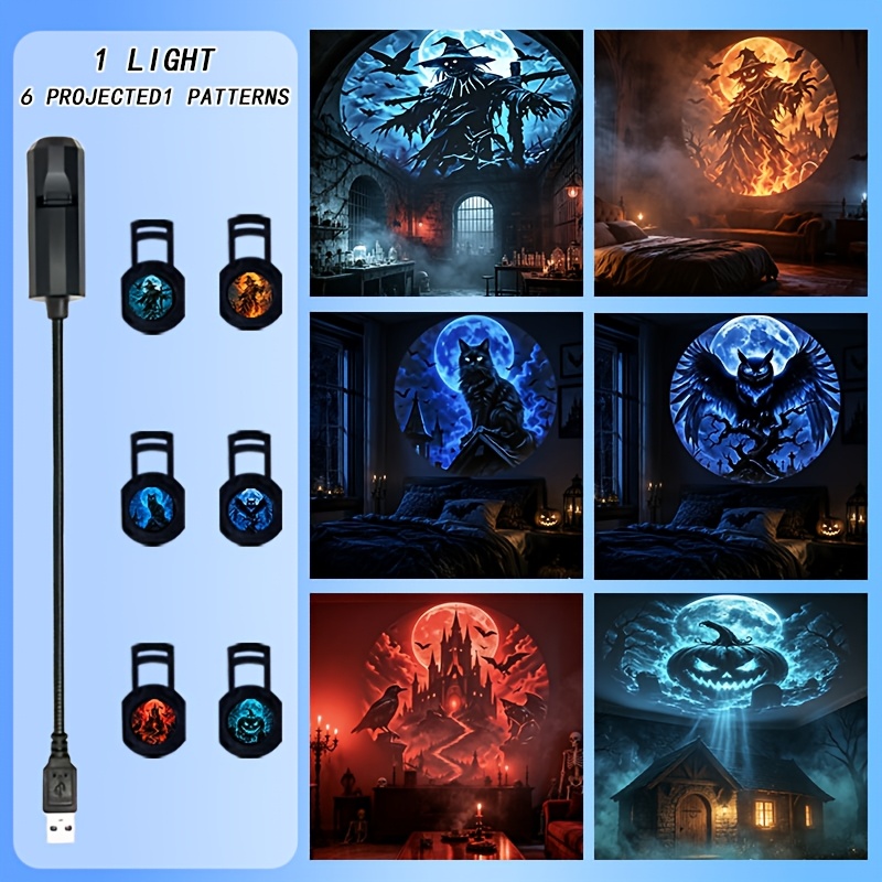 TEMU Luz de proyección con diseño de de Halloween, luz nocturna con patrones de , , bruja, y otros, con rotación de y alimentación USB, ideal para