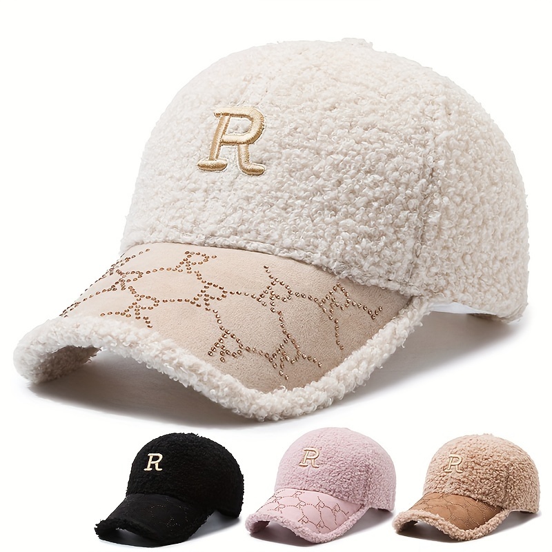 

Chic Embroidered 'r' Fleece Baseball Cap For Women - Warm & Stylish Winter Hat With Rhinestone Accents, , Best For Christmas