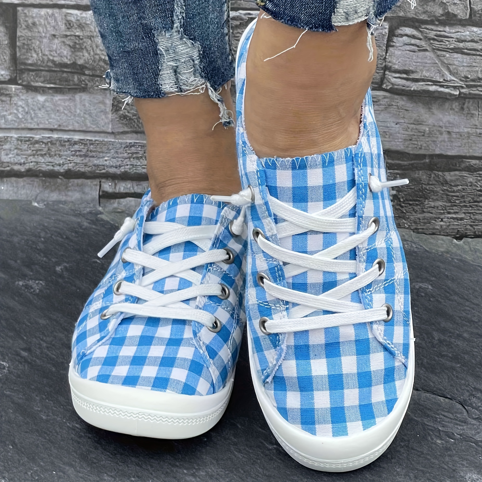 

Women's Blue And White Plaid Print Slip-on Canvas Shoes, New Comfortable Versatile For All Seasons, Casual Fashion Sneakers